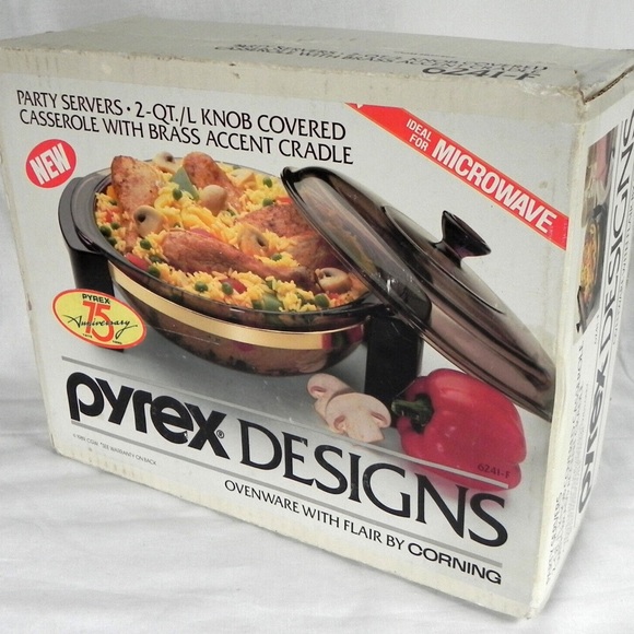 Pyrex Designs Party Server - Knob Covered Casserole with Brass Accent Cradle - Picture 7 of 7